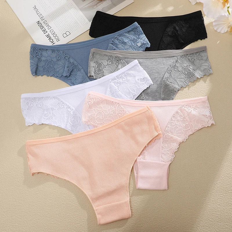 5Pcs Cotton Brazilian Panties Patchwork Lace Underwear for Women Sexy Low Waist Floral G-string Female Striped Thongs Lingerie