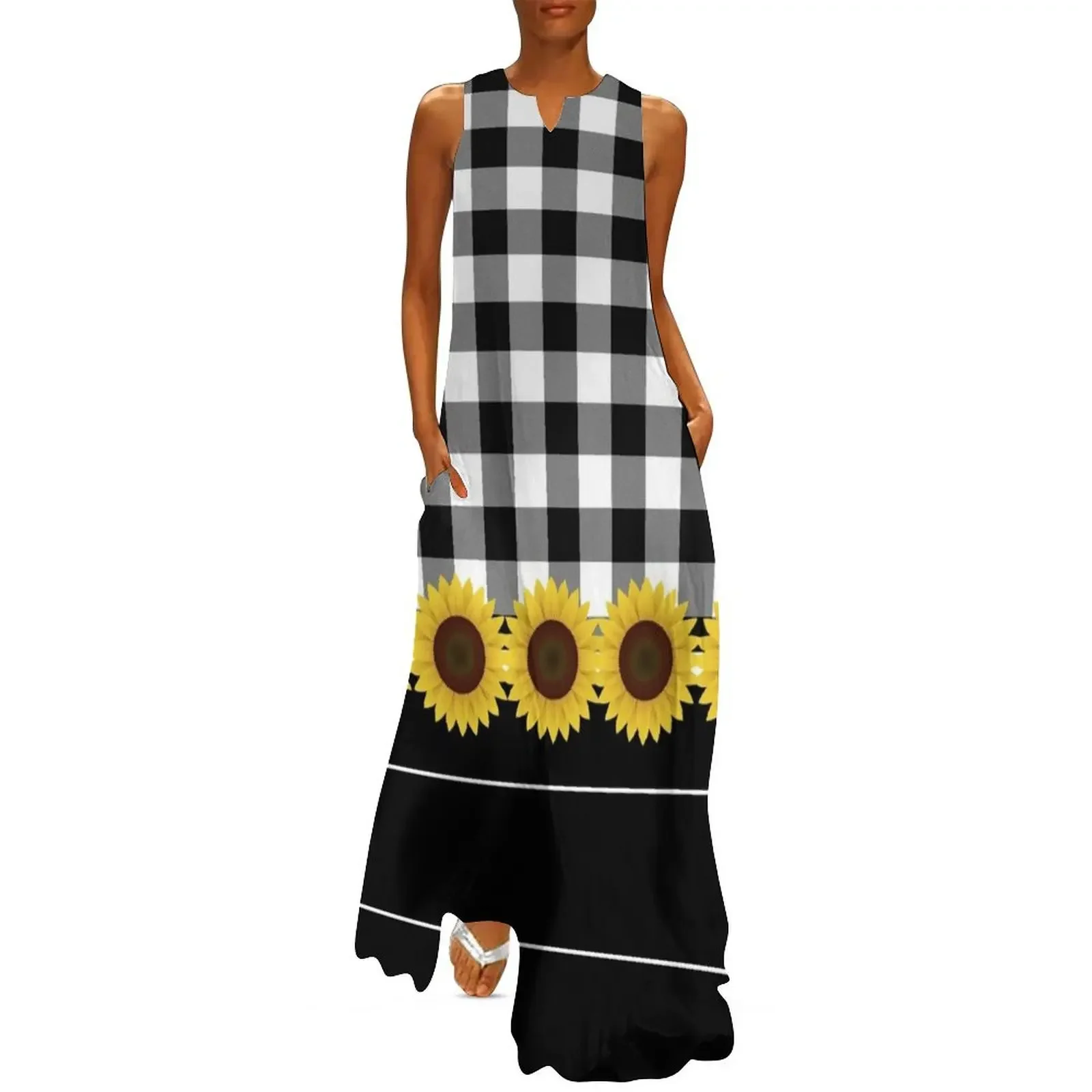 

Rustic Black White Buffalo Plaid & Sunflowers Long Dress Woman fashion women's summer dresses 2025 Dress