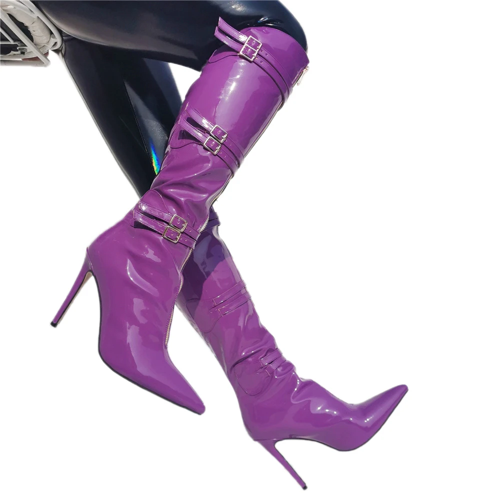 

Solid Purple Belt Buckle Knee Boots Stilettos Women's Pointed Toe Thin High Heel Patent Leather Fashion Party Catwalk Shoes