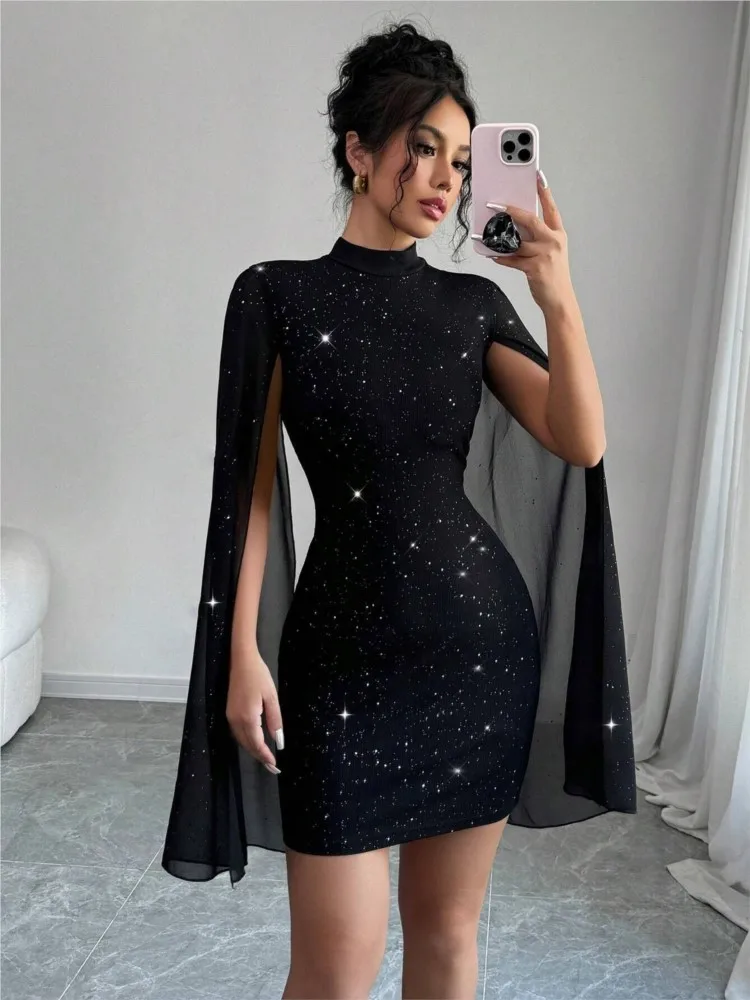 Fashion Black Shiny Party Dresses For Women O Neck Cape Sleeve Bodycon Wrapped Hip Sexy Dress Woman New Elegant Dress 2025