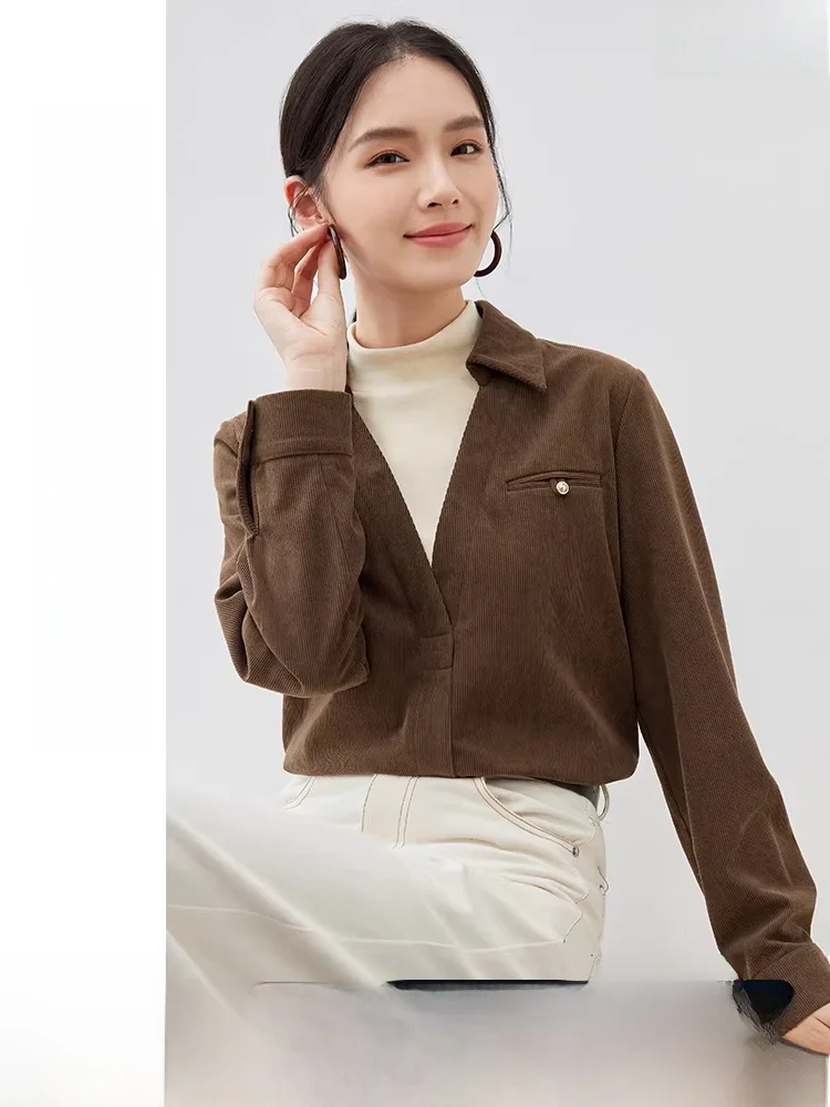 

Women's Corduroy irt Long Sve f High Collar Patchwork Autumn Winter Ultra Thin Straight Cut Ultra Violet Resistant