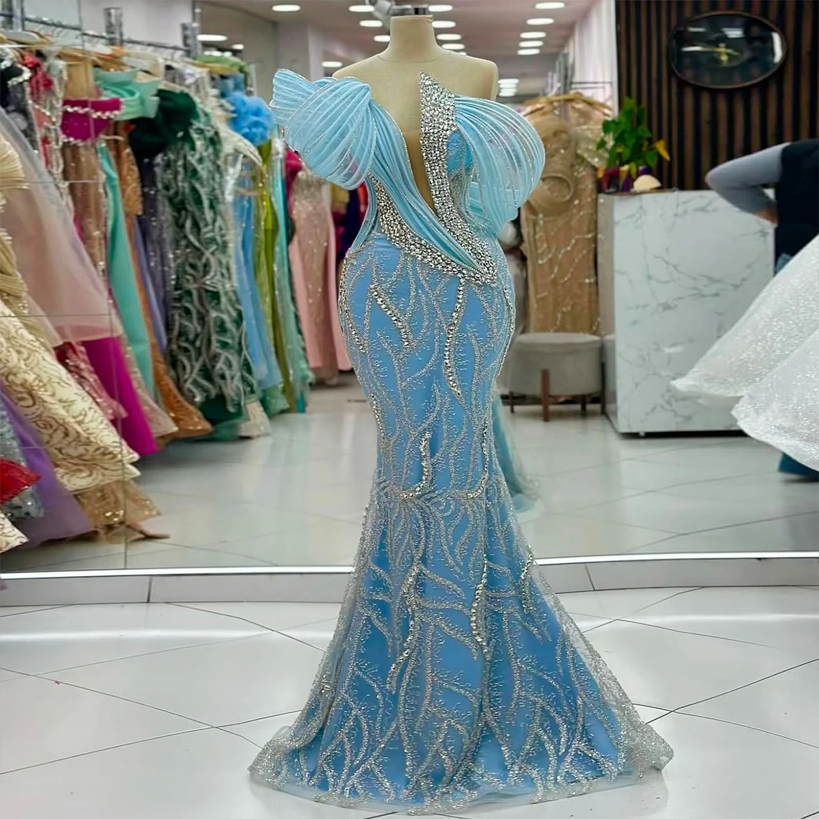 New Wave Pleated Crystal Evening Dress Blue Mermaid Dress with Train Ball Gown Formal Dress Customizable