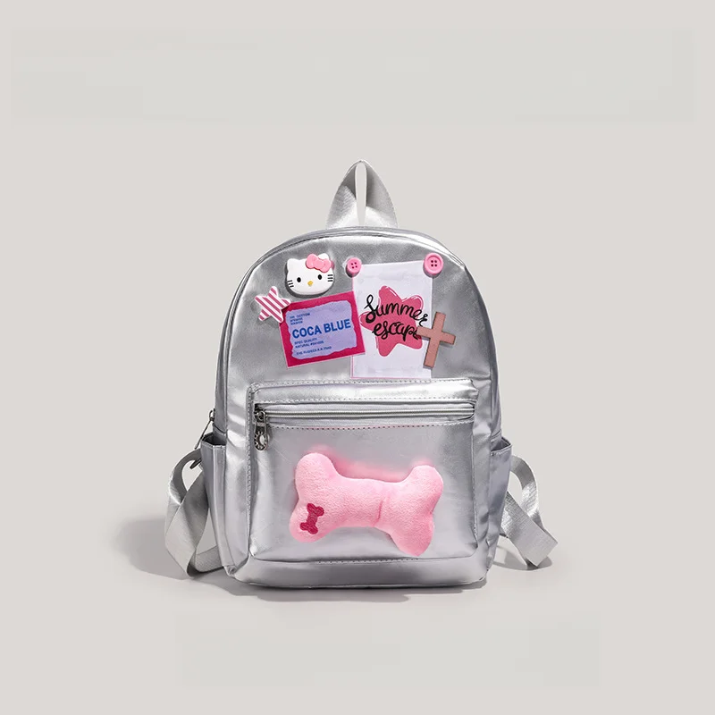 Sanrio Hello Kitty Cartoon Silver Girls Fashion Backpack Star Bone Artificial Leather Personality Trend Waterproof School Bag