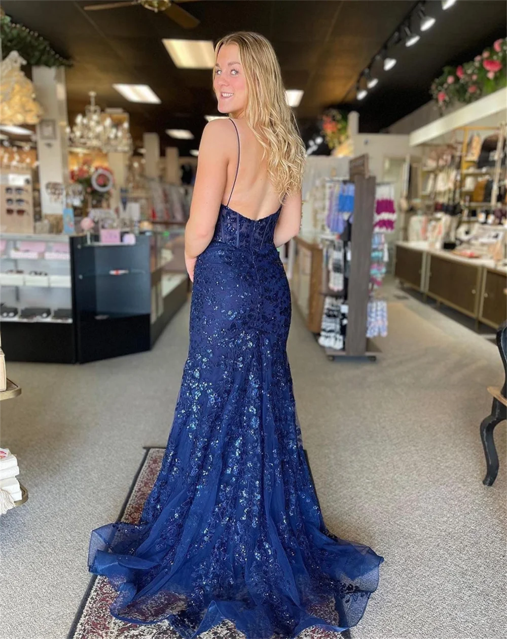 Jessica Blue Spaghetti Straps Prom Dresses Mermaid Luxury Glitter Evening Dresses Princess Graduation Party Dresses 2024