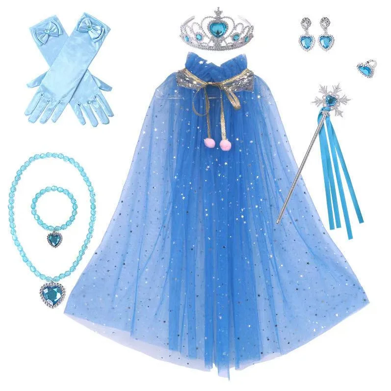 Children 3Colors Sequins Sparkling Princess Style Cape With Acessories Set Lightweight Breathable For Summer Festival Party Wear