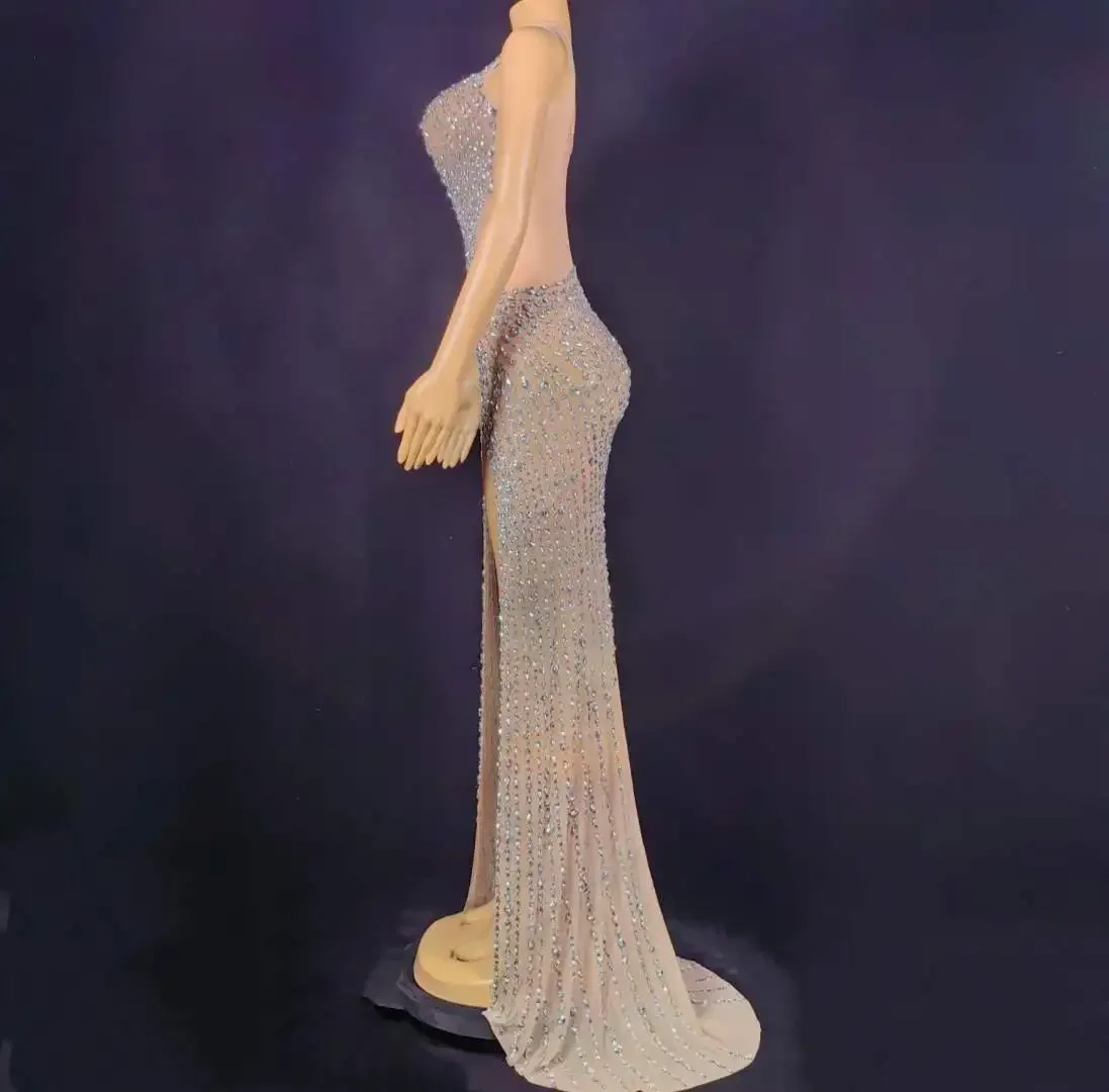 Vestido longo de malha transparente com strass prateado, para mulheres, vegas, showgirl, cristal, festa de aniversário, cantor, performance, drag queen