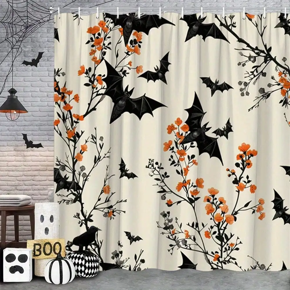 1PC Halloween Bats & Orange Flowers Shower Curtain - Gothic Wings & Dark Branches Design, Black & White Polyester Bathroom Decor Perfect For Home Bathroom Or Shower