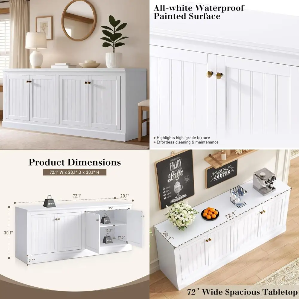 "خزانة بوفيه على طراز المزرعة مقاس 72 بوصة مع أبواب الحظيرة وطاولة وحدة تخزين رف قابلة للتعديل وبار القهوة وحامل التلفاز"