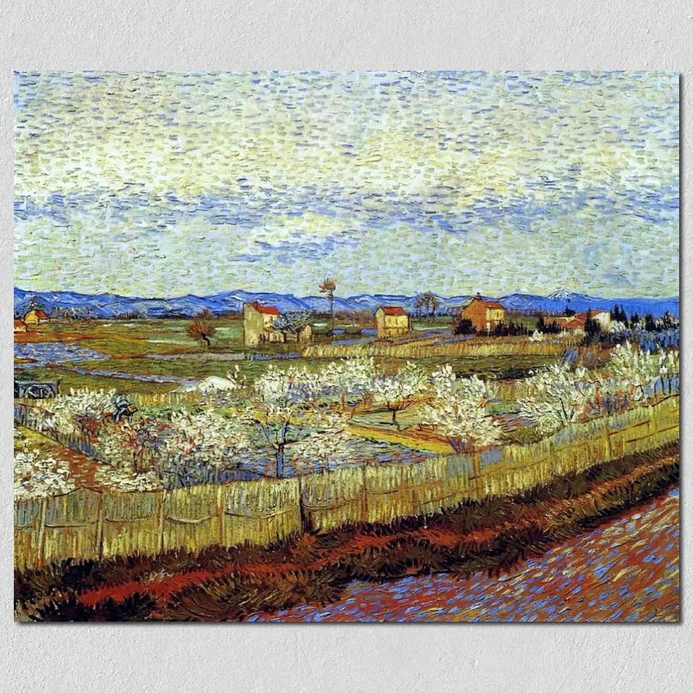 

Canvas Art Peach Trees In Blossom Handmade Vincent Van Gogh Oil Painting Reproduction Modern Landscape High Quality Wall Decor