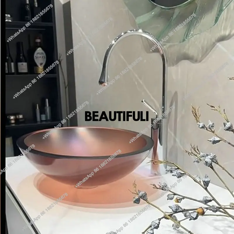 Colorful frosted tempered glass washbasin, transparent matte texture artistic countertop basin, bathroom oval washbasin