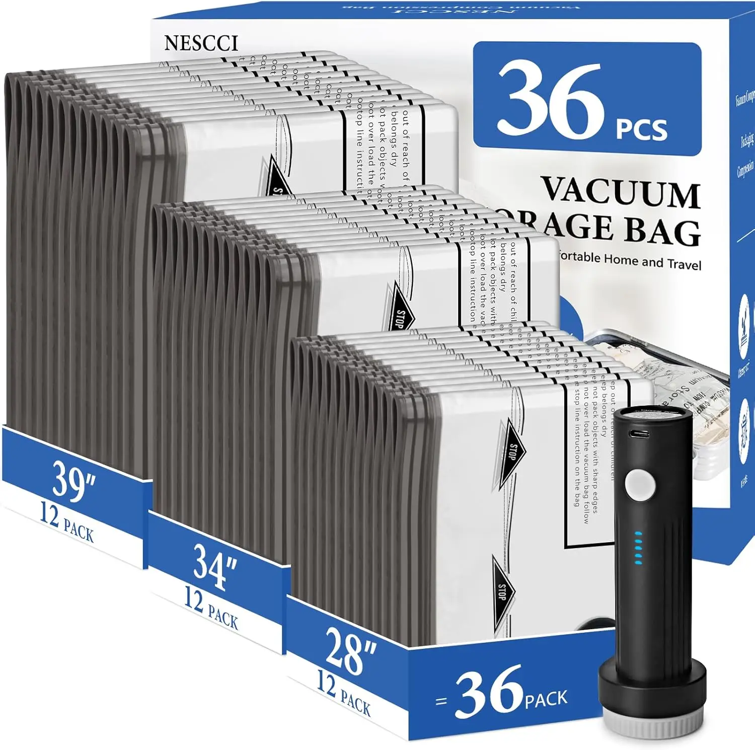 

Travel Vacuum Compression Bags for Clothes with Rechargeable Pump 36 Pack Space Saving Storage for Luggage