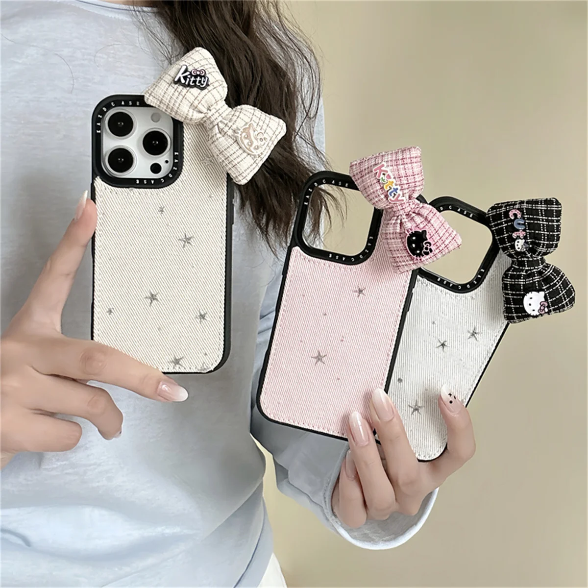 

Korean Cute 3D Bowknot Star Fabric Cloth Phone Case For iPhone 16 Pro 15 14 Pro Max Back Cover Shockproof Cases 15Promax