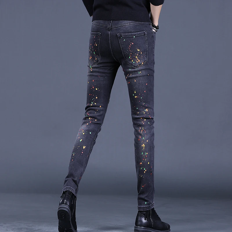 Dots Printed Ripped Black Jeans Men Autumn Gray Black Slim Fit Straight Pants Streetwear Casual Stretch Denim Trousers