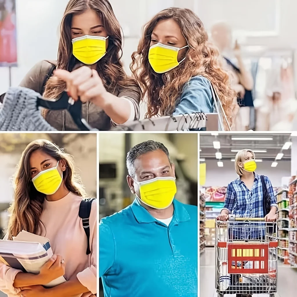 200 unidades de máscaras protetoras descartáveis amarelas – 3 camadas espessadas, respiráveis e confortáveis, presilhas para os ouvidos ajustáveis e almofadas nasal encaixe confortável - 200/100/50/10 peças, baratas pa