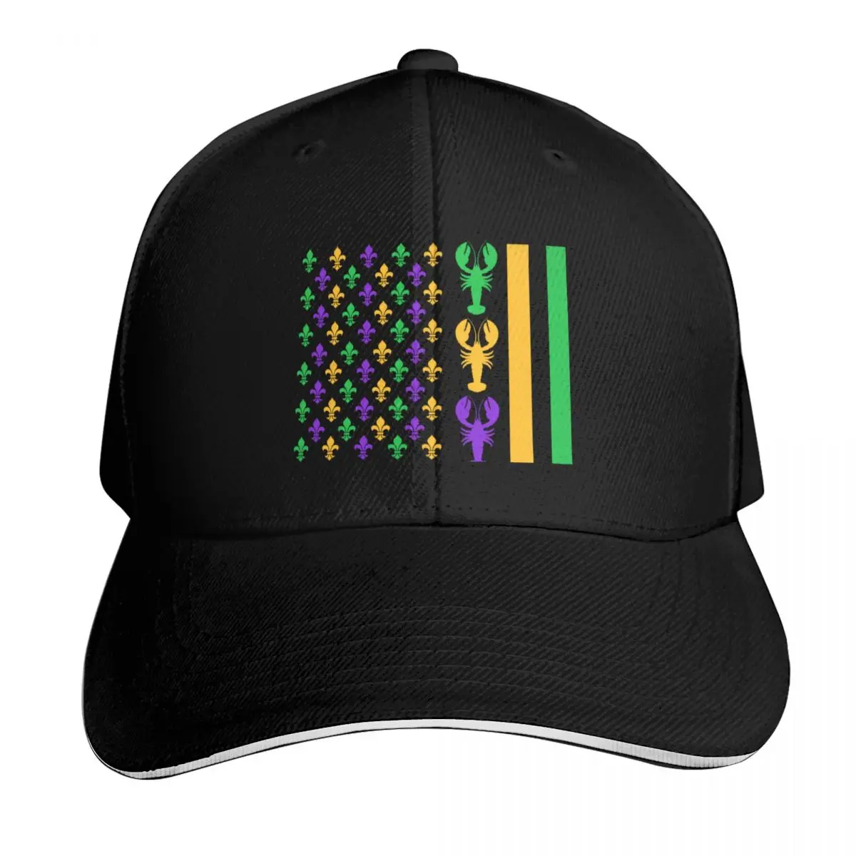 Mardi Gras American Flag with Crawfish and Fleur De Lis Baseball Cap Lightweight Packable Gift for Him Her Casual Daily Wear
