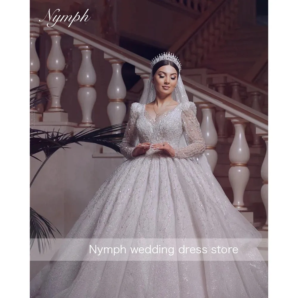 Elegant V Neck Sequined Beaded Wedding Dresses Women Long Sleeve Bridal Gowns Customized  Luxury Ball Gown vestidos de noiva