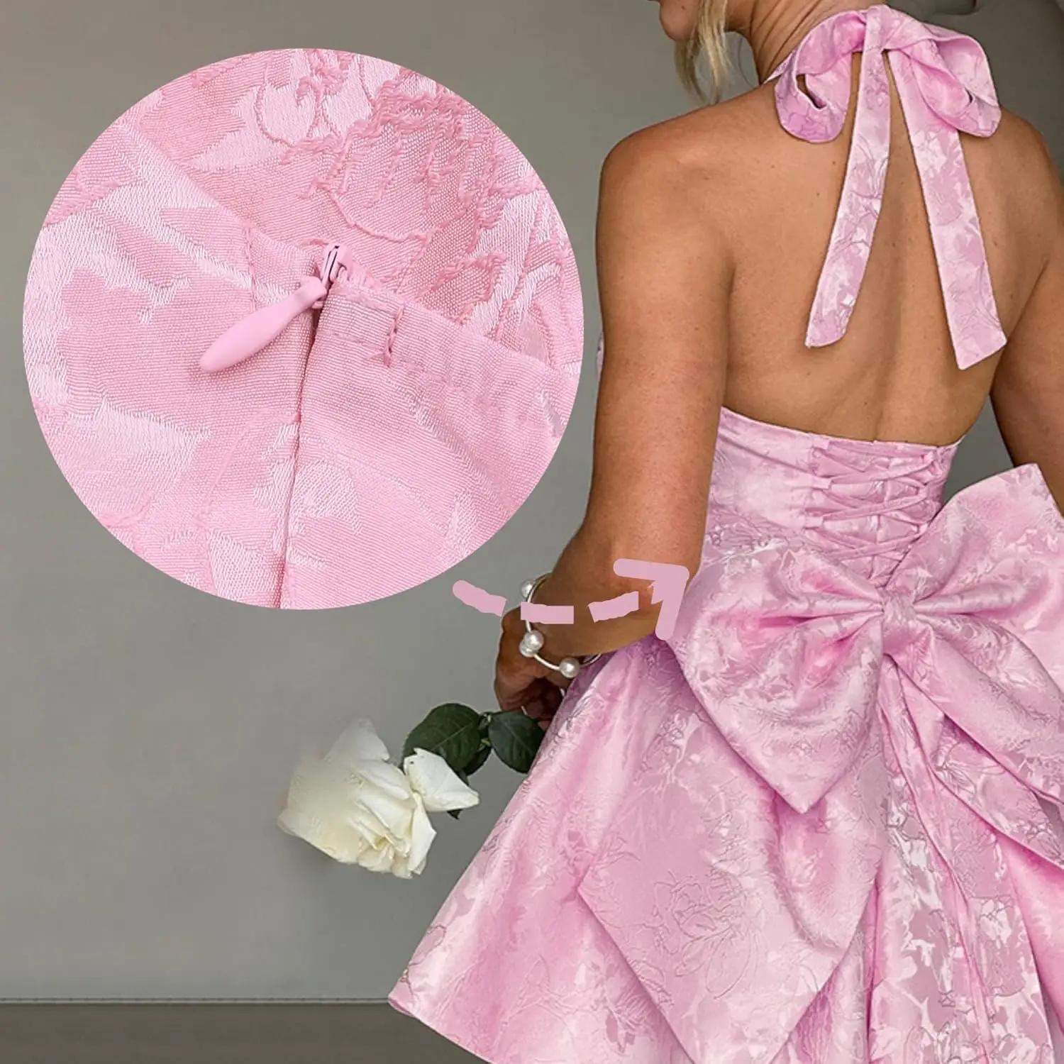 Damen-Kleid aus Satin mit tiefem V-Ausschnitt und Stickerei, A-Linie, Minirock, formelles Tanzkleid mit Fliege, zum Schulanfang, hängender Hals