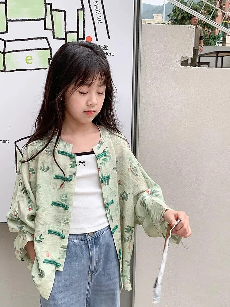 Baby Girl Top New Guofeng Children Sunscreen Shirt 2024 Summer New Long-sleeved Light Coat Medium Children Air-conditioned Shirt