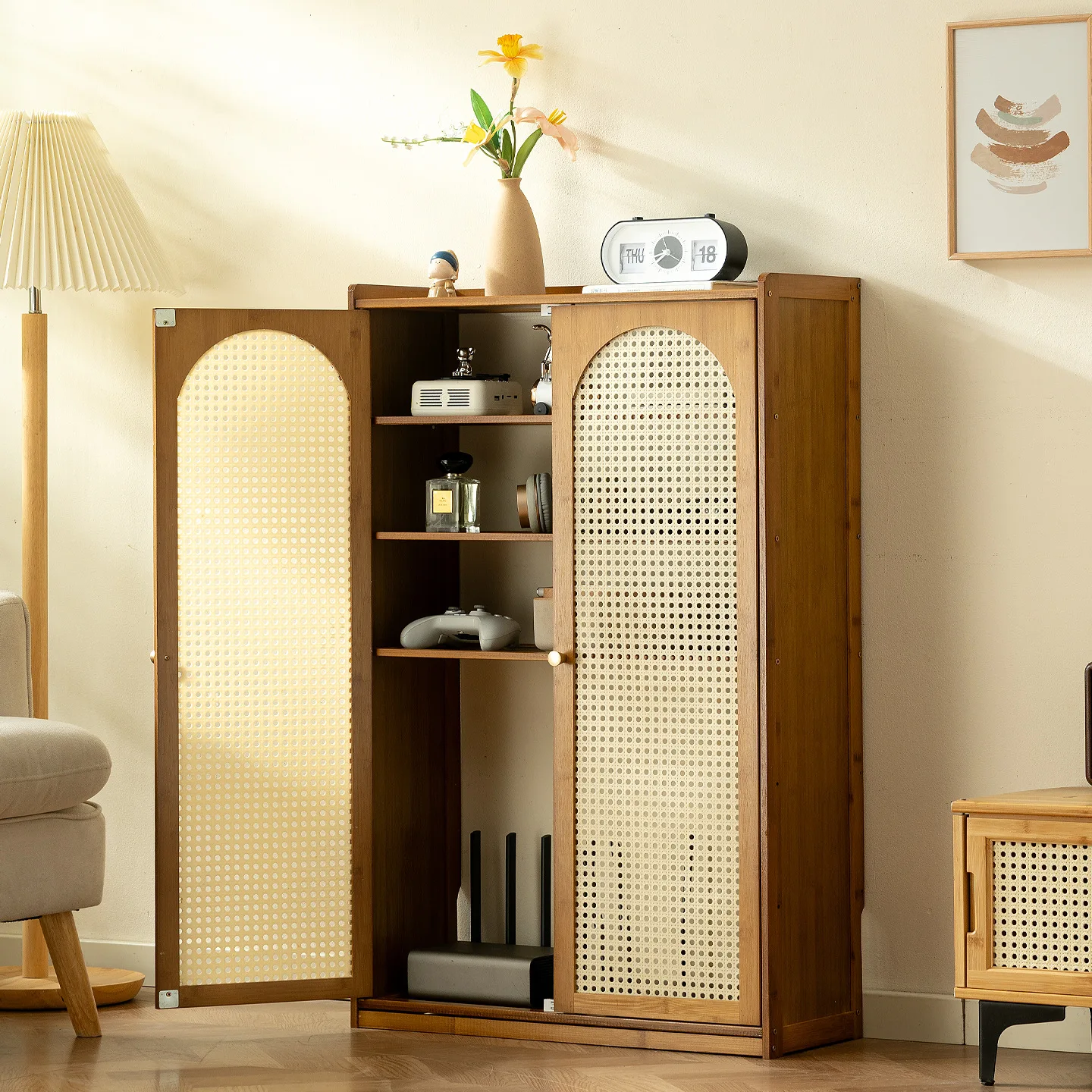ins wind floor sundries storage finishing rack rattan mesh storage digital equipment living room multimedia shielding locker