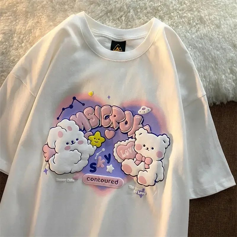 Women Tshirt Letter Embroidery Short Female T-shirt Oversized Casual Retro Large Kawaii Printed Y2k Top T Shirts