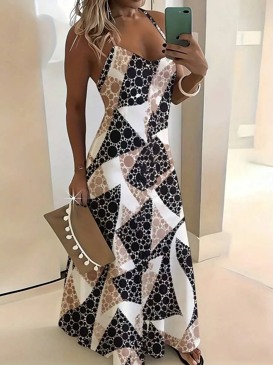 

Geometric Print Sleeveless V Neck Maxi Dress With Thin Straps For Women Casual Summer Boho Beach Party Outfit