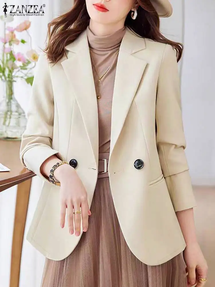 ZANZEA Women Long Sleeve Blazer 2024 Autumn Elegant Lapel Collar Coat Formal Solid Collect Waist Outwear Korean Work Thin Suits