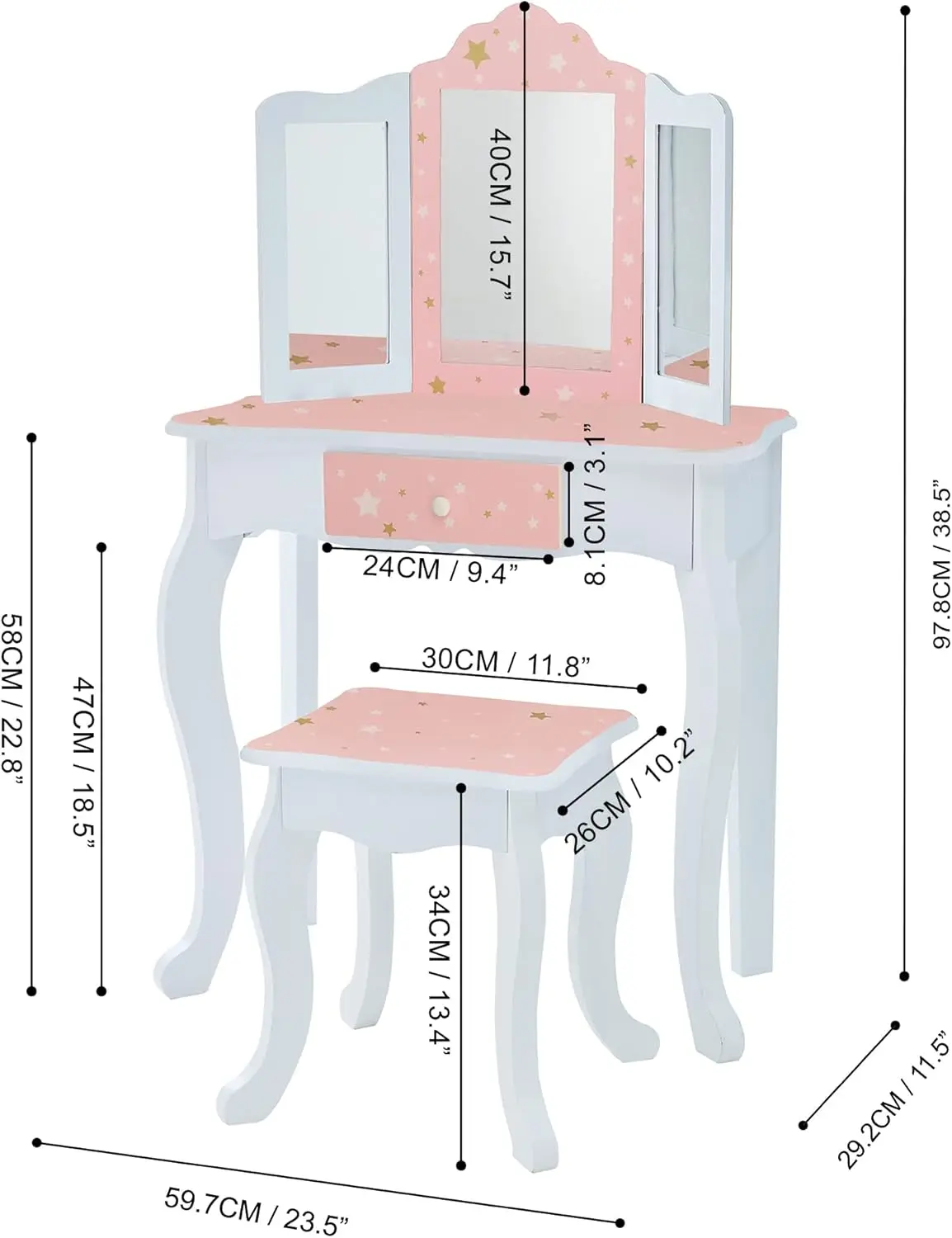 Kids Wooden Play Vanity Set with Table, Mirror, Drawer & Stool in White Pink Gold Star Design