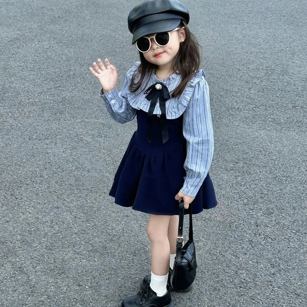 

Bowknot Girls' College Style Dress Peter Pan Collar Pleated Girls Long Dress Sweet Ballet Style Stripe Princes Dress Spring/Fall