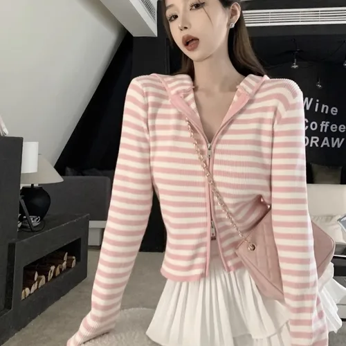 스트라이프 니트 스웨터 여성용 2023년 가을 긴 소매 슬림핏 후드 지퍼 여성용 스웨터 니트 스웨터 니트 스웨터  Best5