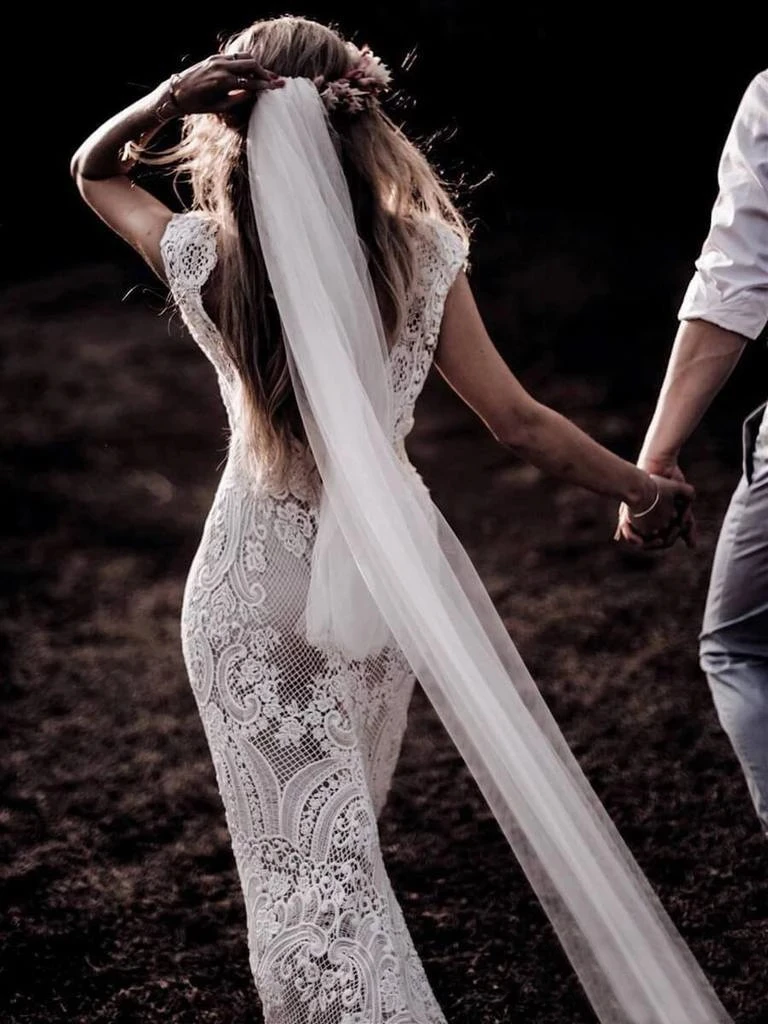 Robe de mariée en dentelle à col en V et dos ouvert, robe de mariée sexy, mancherons, train de balayage, sirène bohème, photos réelles personnalisées, 794 #, 100%