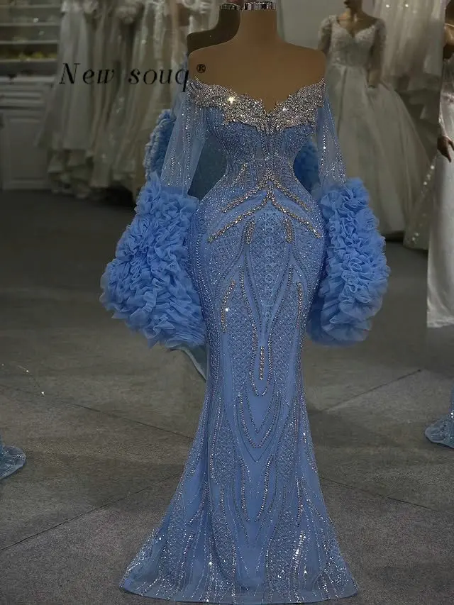 

Light Blue Ruffles Flare Long Sleeves Evening Dresses Customized Shimmering Crystals Mermaid Formal Wedding Reception Party Gown