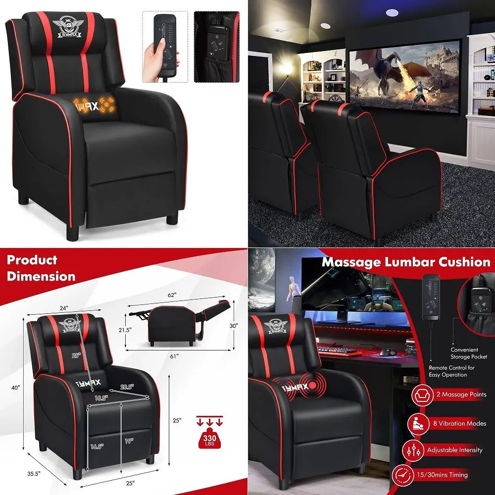 Gaming-Liegestuhl, Massage-Gaming-Stuhl mit verstellbarer Fußstütze, Fernbedienung und Seitentasche, ergonomischer Gaming-Loungesessel, Ra