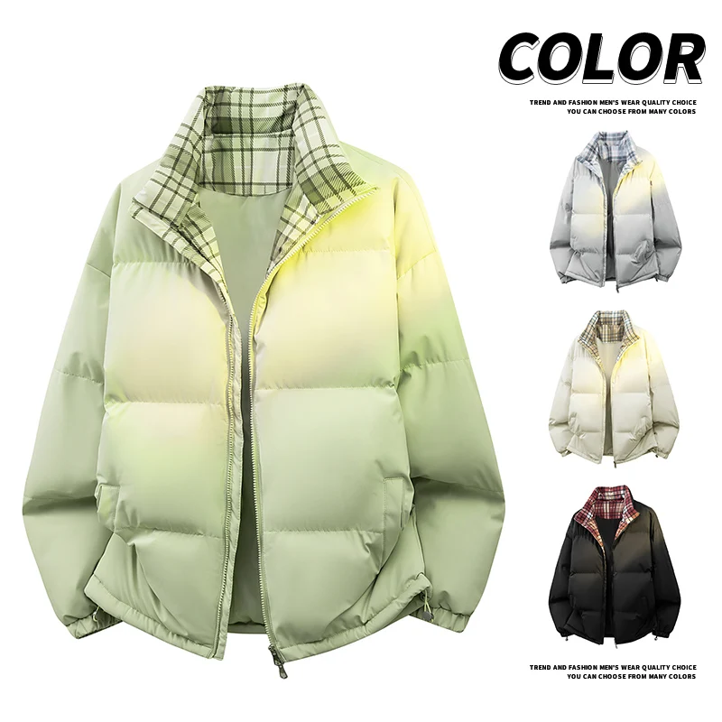 

Thickened Cotton Winter Jacket Men Korean Style Casual Stand Collar Unisex Coat Warm Plaid Couple Style Zipper Waterproof Jacket