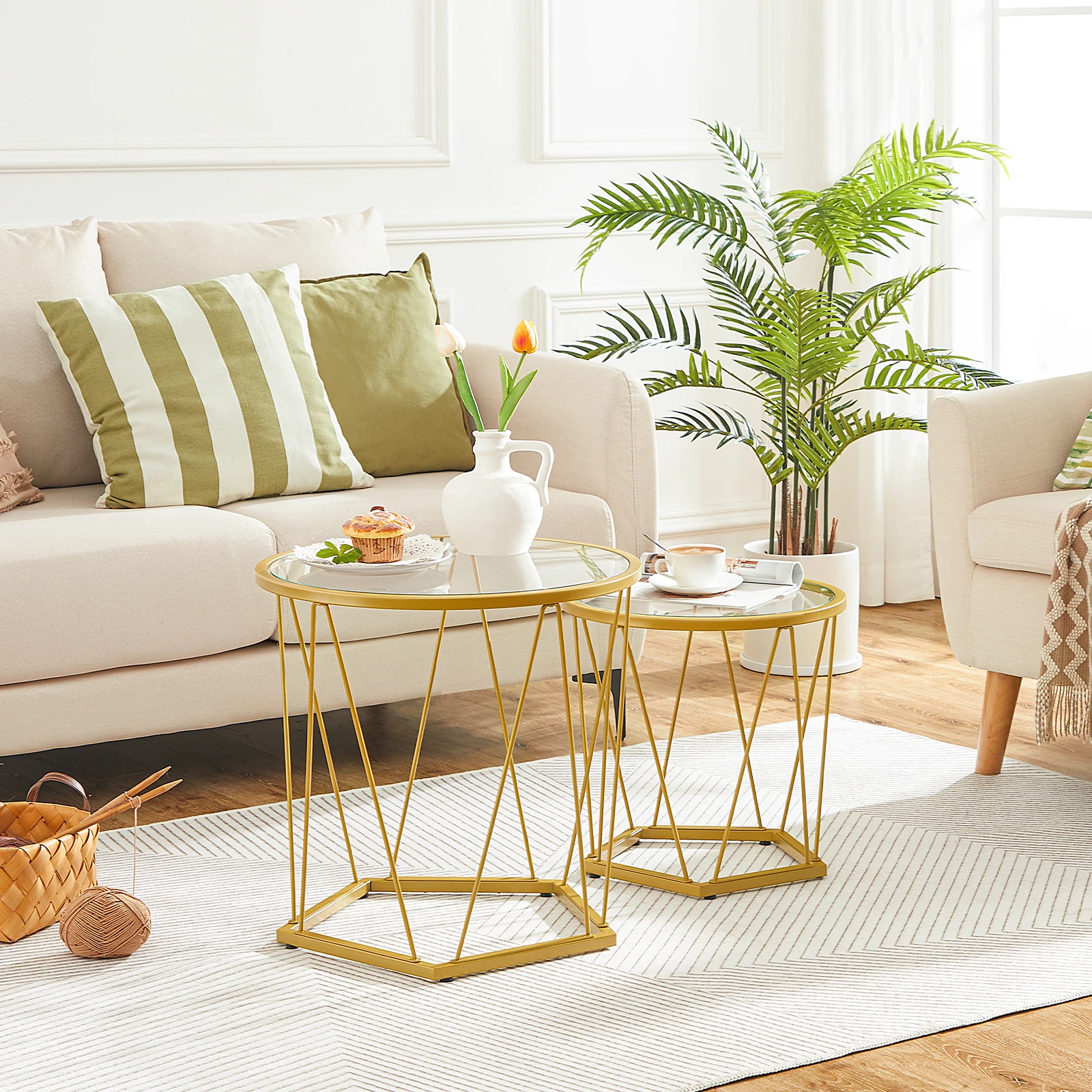 HOOBRO Coffee Table Set of 2 Round Coffee End Table with Metal Frame Glass Top Gold Side Table for Living Room and Balcony image 4