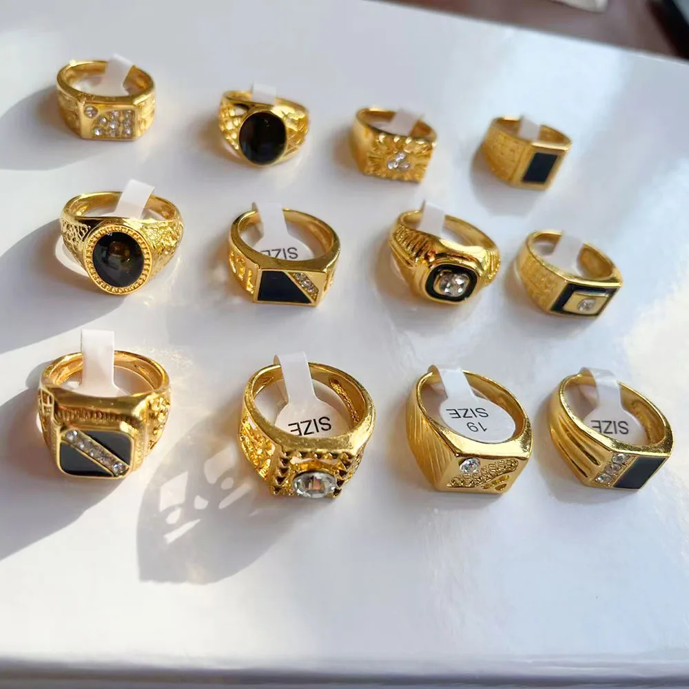 100 Pieces /Lot Vintage Gold Alloy Enamel Men Ring Jewelry Men‘s Gift No.4047