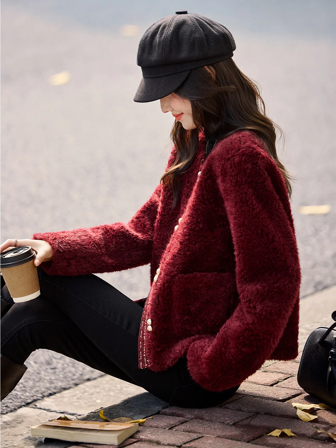 Xinfeiyu vinho cor vermelha ort casaco feminino thiened redondo ne interminado couro e pele inverno novo sle casual faion