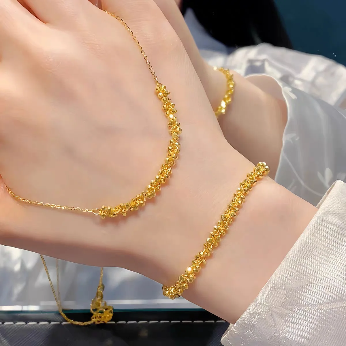 

Fashion 18 Kt Gold Color Sparkling Beads Necklace Bracelet for Women Elegant Bracelet Chain Party Birthday Jewelry Gifts
