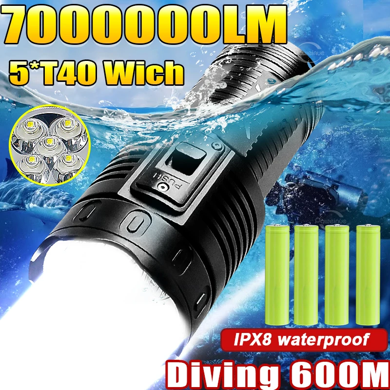 

Powerful 7000000LM Diving Flashlight 5*T40 LED IPX8 Waterproof 600M Underwater Torch For Scuba Diving Camping