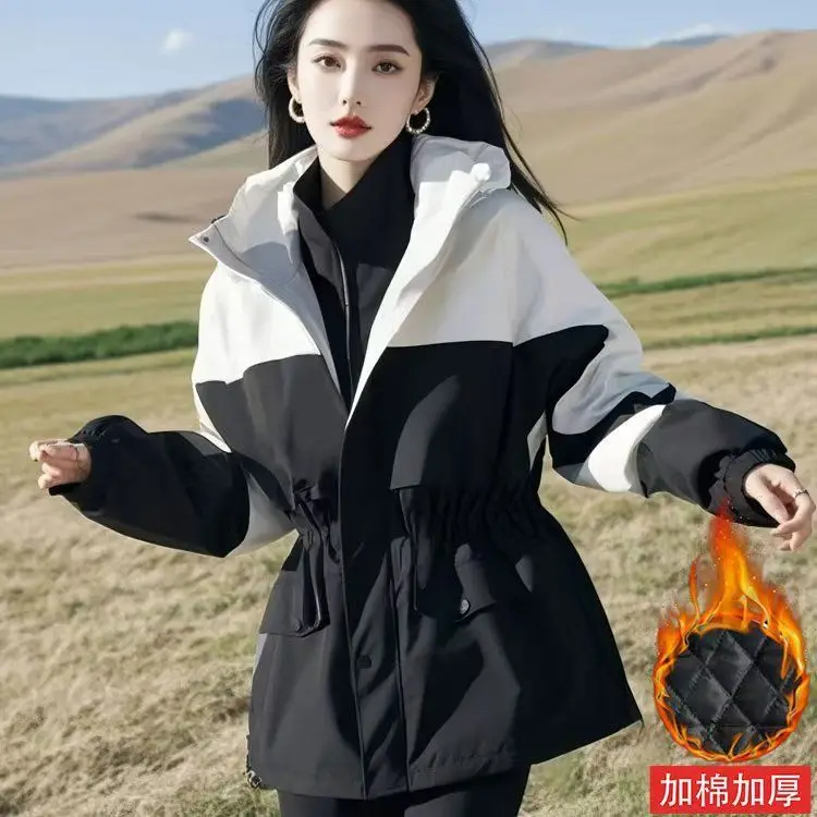 

Fashion Color Blocked Black Jacket For Women's Spring And Autumn New Style, Waist Cinched, Lapel Hooded Casual Jacket Top TT112