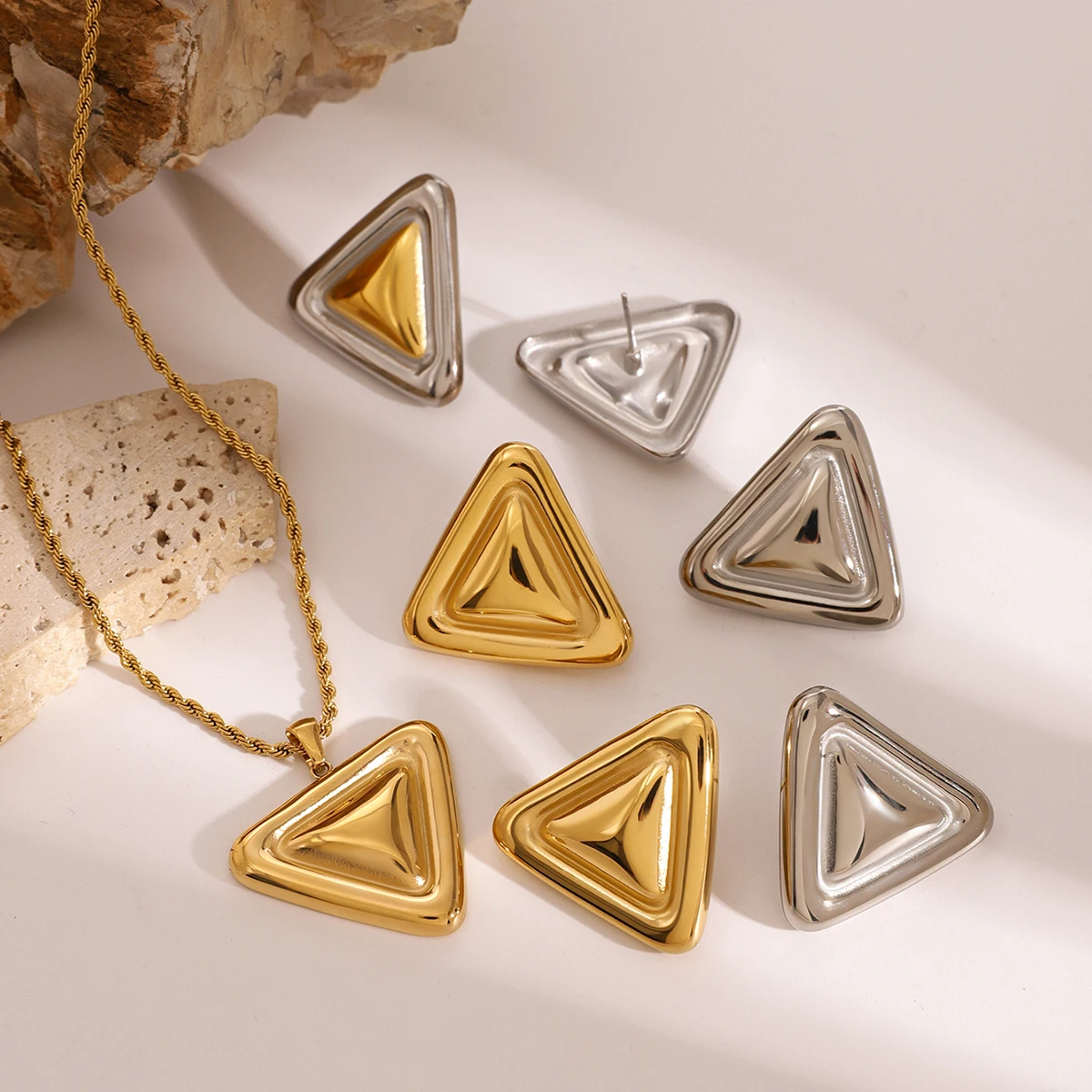 Jewelryposter New Cute Colorblocked Chubby Triangle Shiny Glossy Earrings Necklace 18K Gold Plated Stainless Steel Waterproof