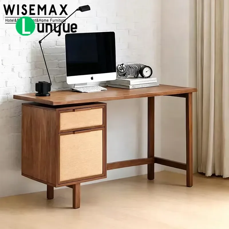 Nordic Retro Wood Desk for Home Study Bedroom Office Hotel Villa Furniture Solid Vine Writing Table Vintage Style Workspace