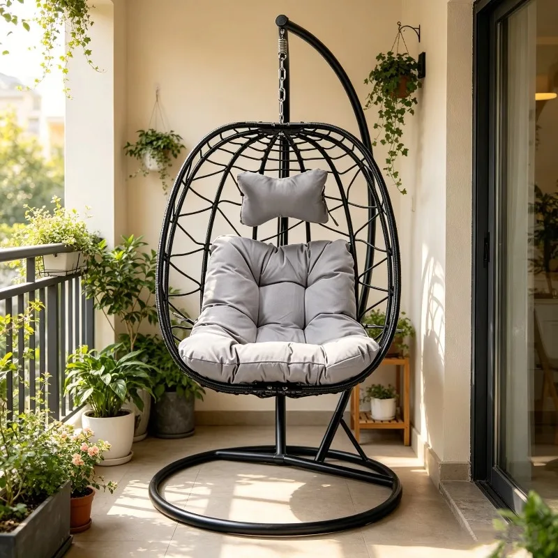 Single Foldable Rattan Swing Chair With Support Stand Modern Luxury Outdoor Leisure Furniture For Balcony Terrace Durable