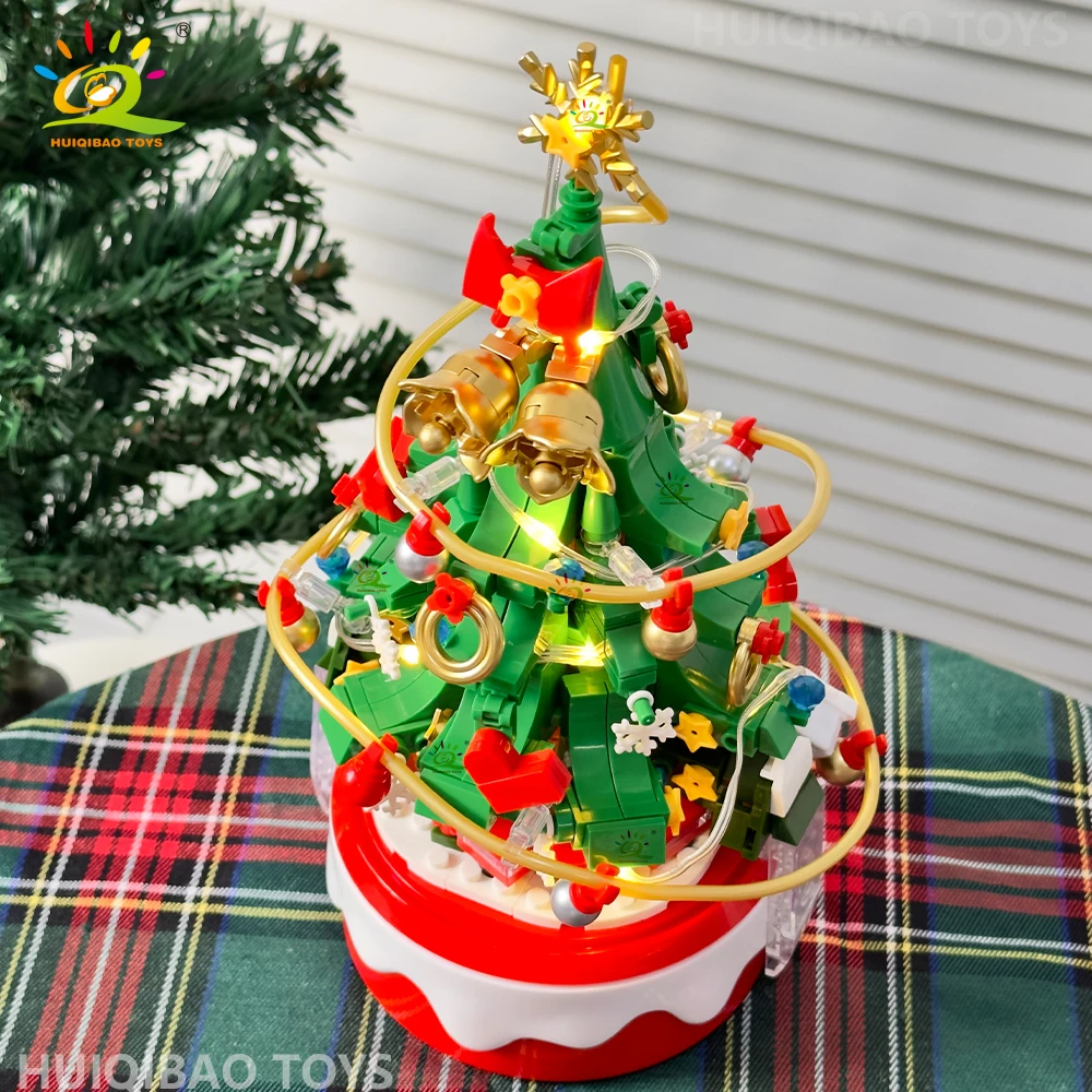 HUIQIBAO Mini Christmas Tree Santa Claus Music Box Model Micro Bricks Building Block DIY Bricks Toys for Adult New Year Gift