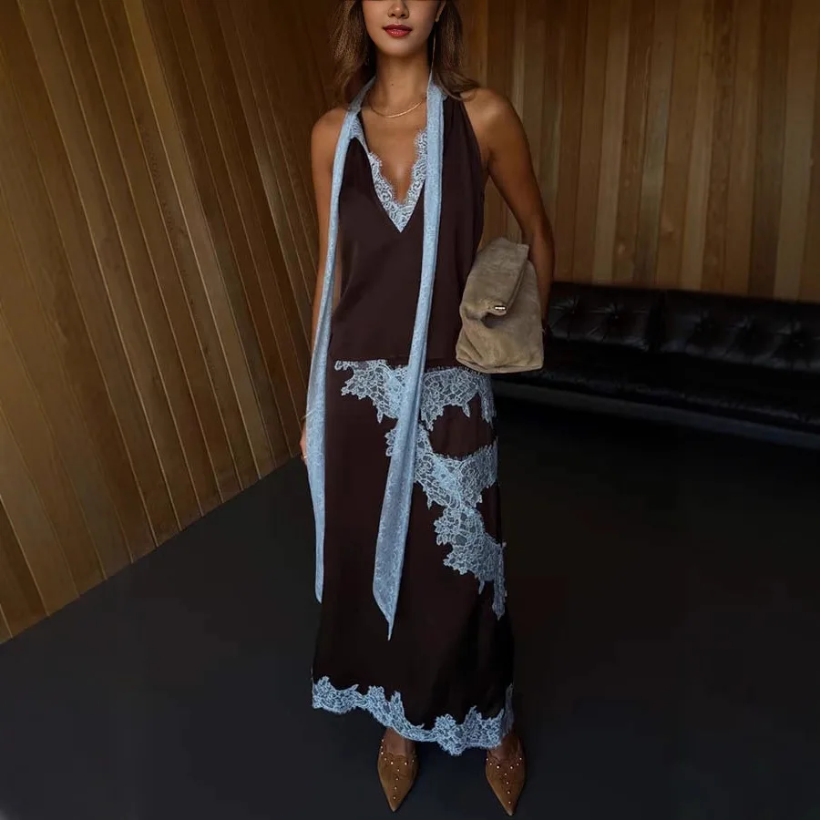 

Fashion Patchwork Lace Maxi Skirt Suit Women Casual Satin V-neck Sleeveless Skirts Suits 2026 Summer Vacation High Street Wear
