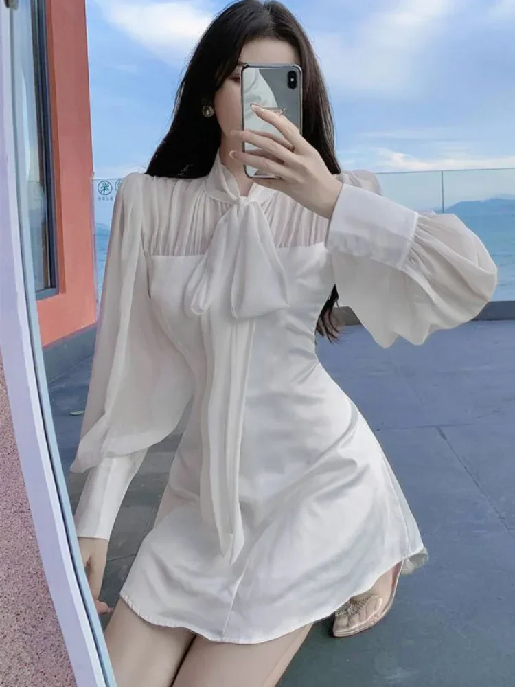 Vestido de manga longa feminino puro elegante simples mini primavera casual harajuku moda streetwear férias estilo coreano básico diário