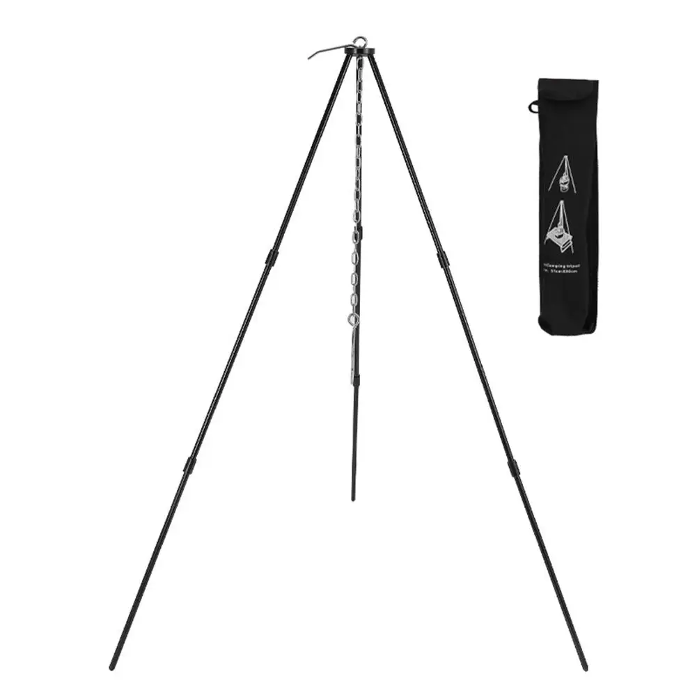 Campfire Meals Camping Tripod Adjustable Cooking Support Four Adjustable Sections Sleek Black Finish Sturdy Cooking Support