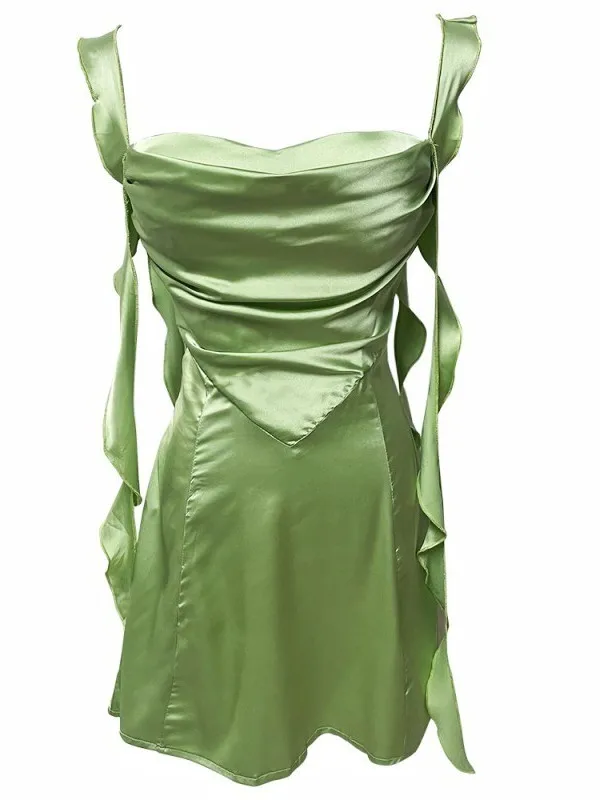 Sexy Pure Ruffles Ribbons Stunning Vacation Style Unique Suspender Dress Women Silk Green Tassels Fresh Mature Sweet New CBUM