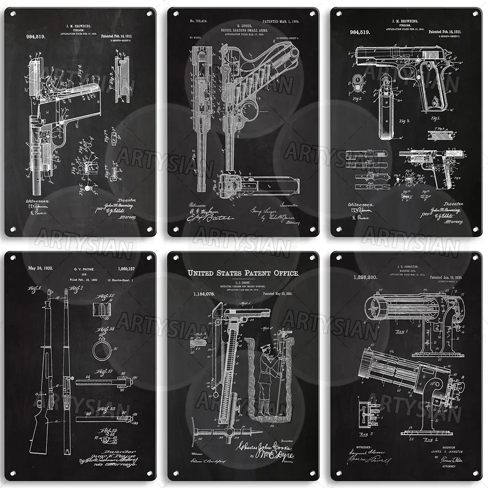 Gun Patent Metal Sign J. L. Hobbs  Mauser Rifle Ehbets Revolver McClean Luger Pistol Maxim Silencer Browning M1911 L. H. Cobb