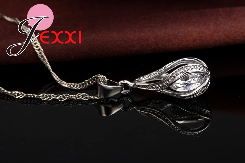 925 Sterling Silver Needle Classic Drop Shape White Crystal Jewelry Sets Water Wave Necklace Pendant Hoop Earrings