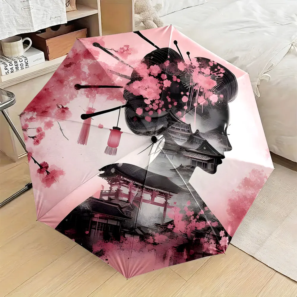 1PC Elegant Japanese Umbrella Design with Cherry Blossom Print 8 Iron Ribs Folding Umbrella Auto-Open Fashion Sunshade